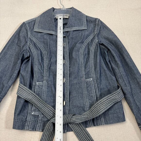 Chicos Blue Jean Chambray Denim Jacket Belted Waist & Button Closure 0 - Picture 7 of 11